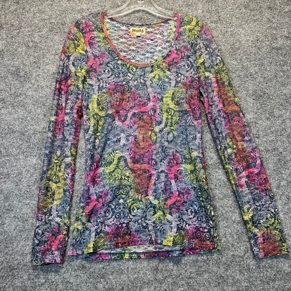 Mudd Lace Mesh Top Womens Large Multi Color Y2K Psychedelic Floral Scoop Neck